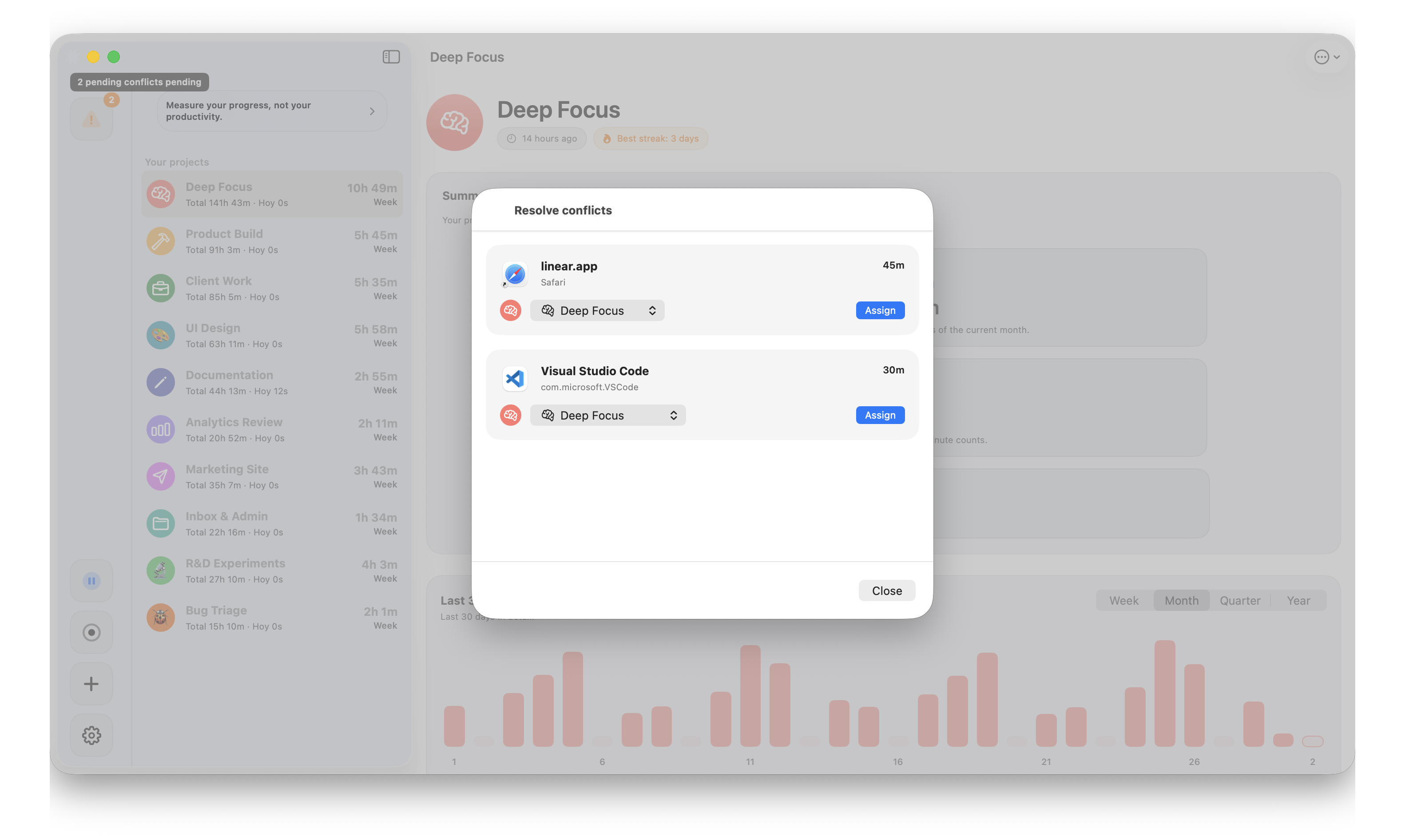 Conflict resolution modal assigning ambiguous app and domain sessions to projects