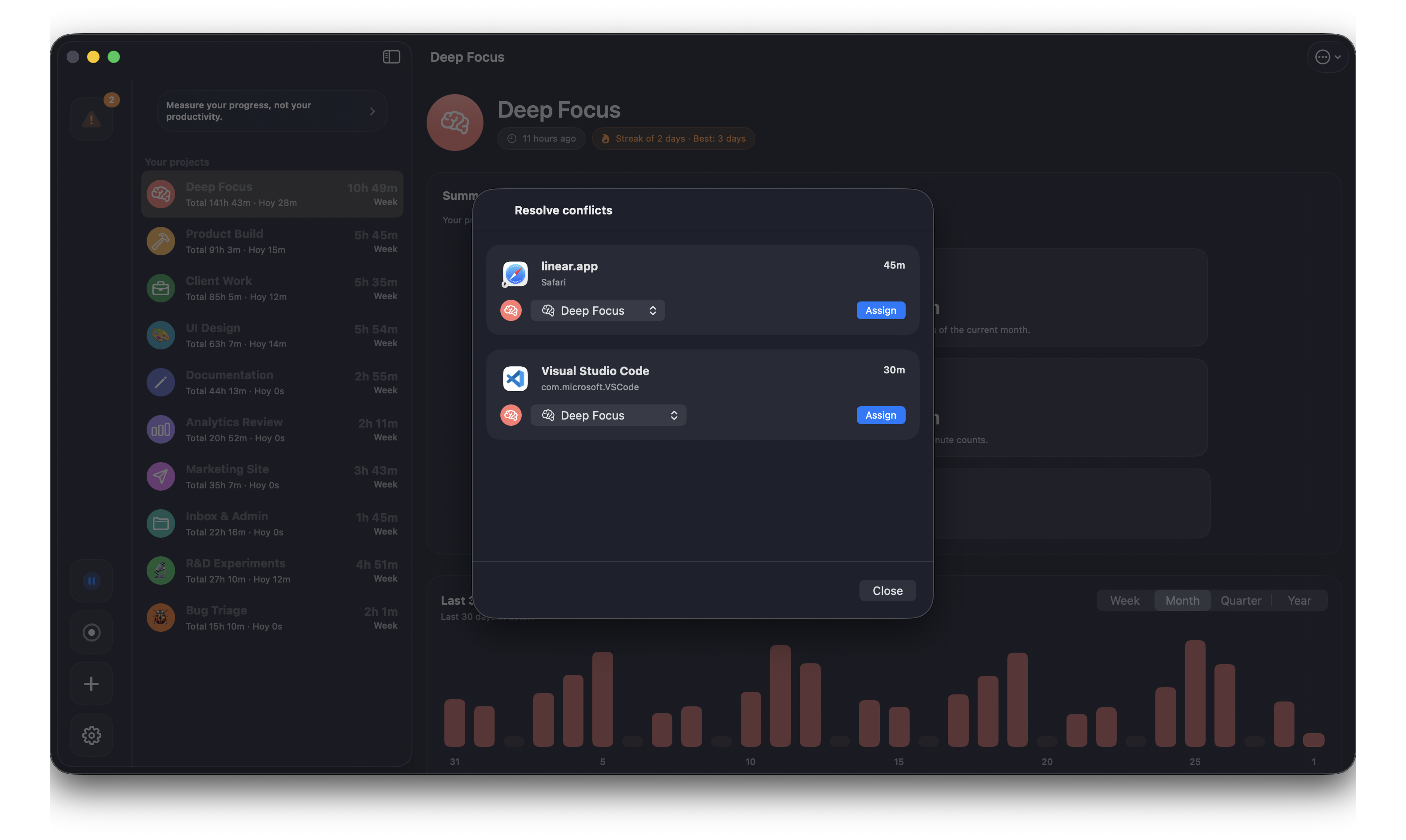 Conflict resolution modal assigning ambiguous app and domain sessions to projects