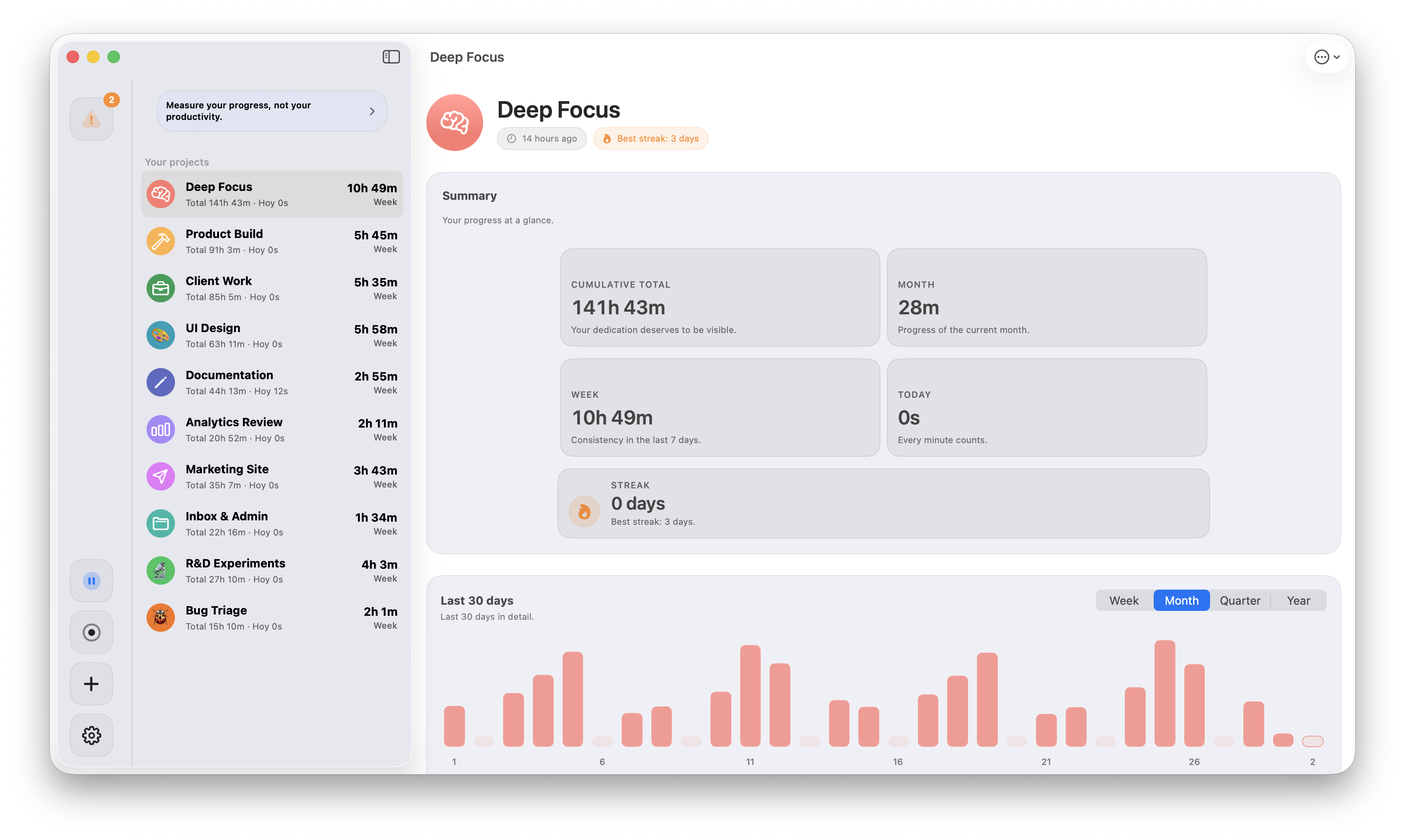 Momentum dashboard with project sidebar, summary cards, and monthly chart