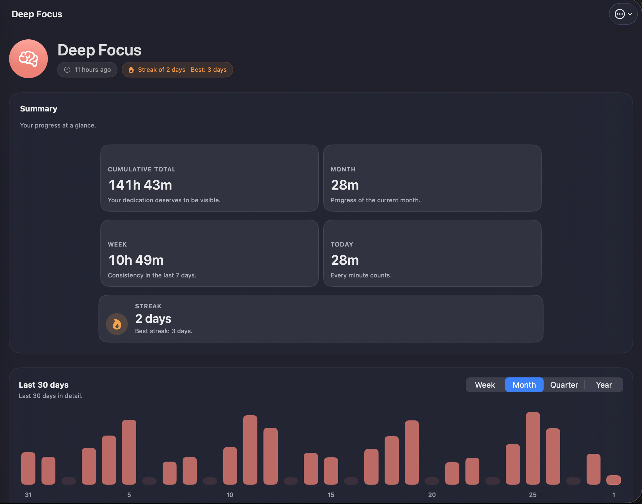 Project detail page showing cumulative stats, streak, and monthly bar chart