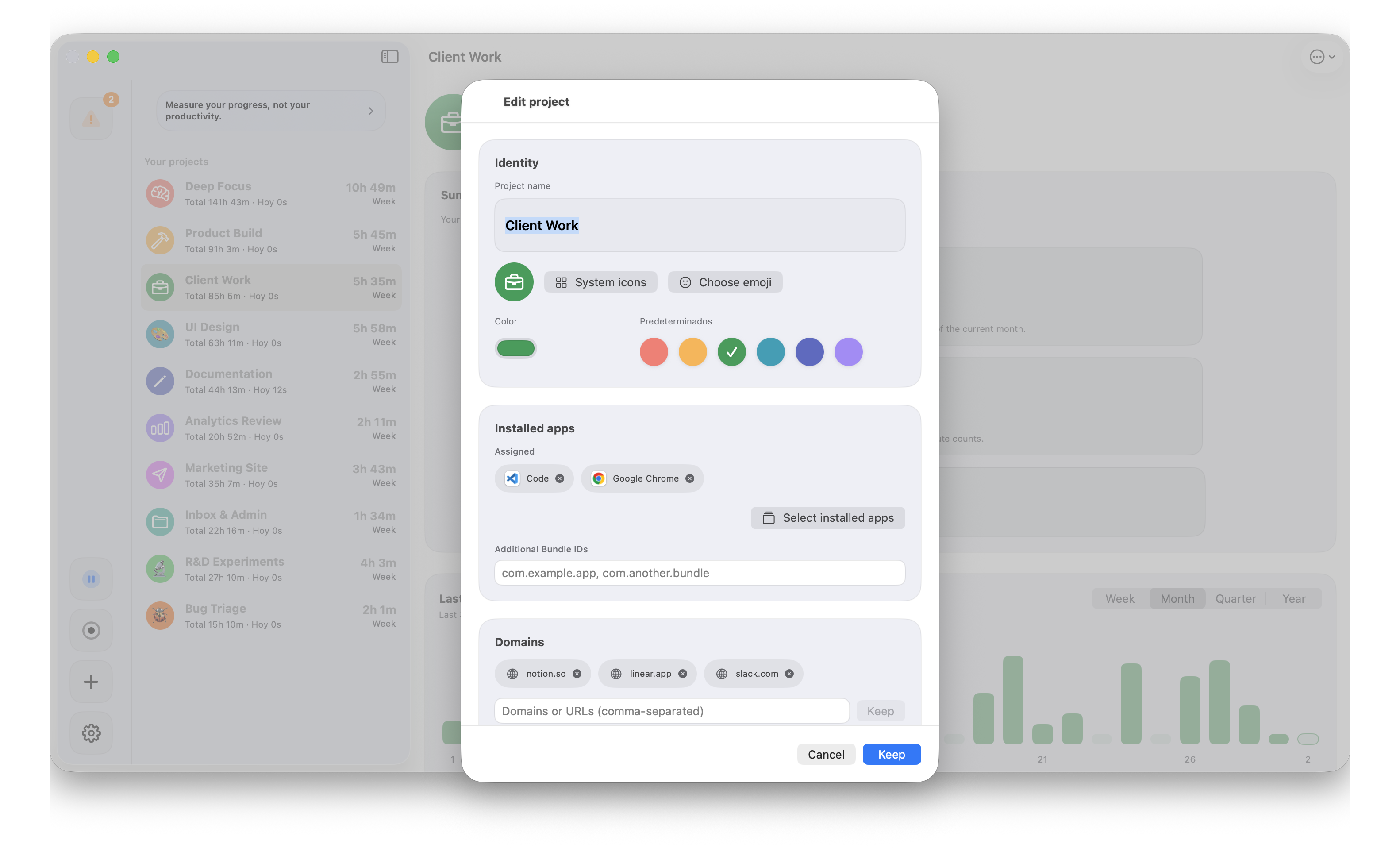 Project edit modal with identity, installed apps, and domains sections