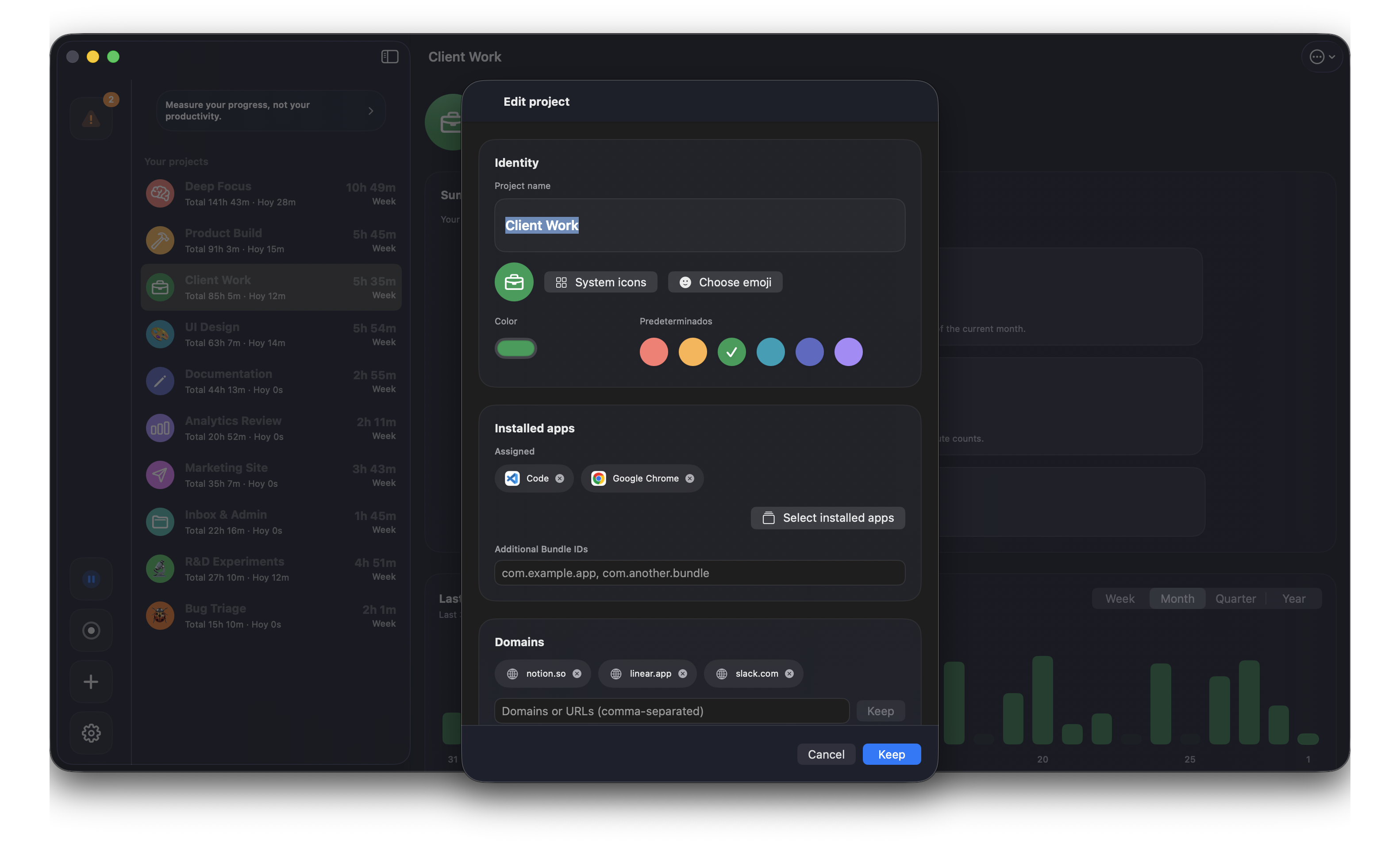 Project edit modal with identity, installed apps, and domains sections